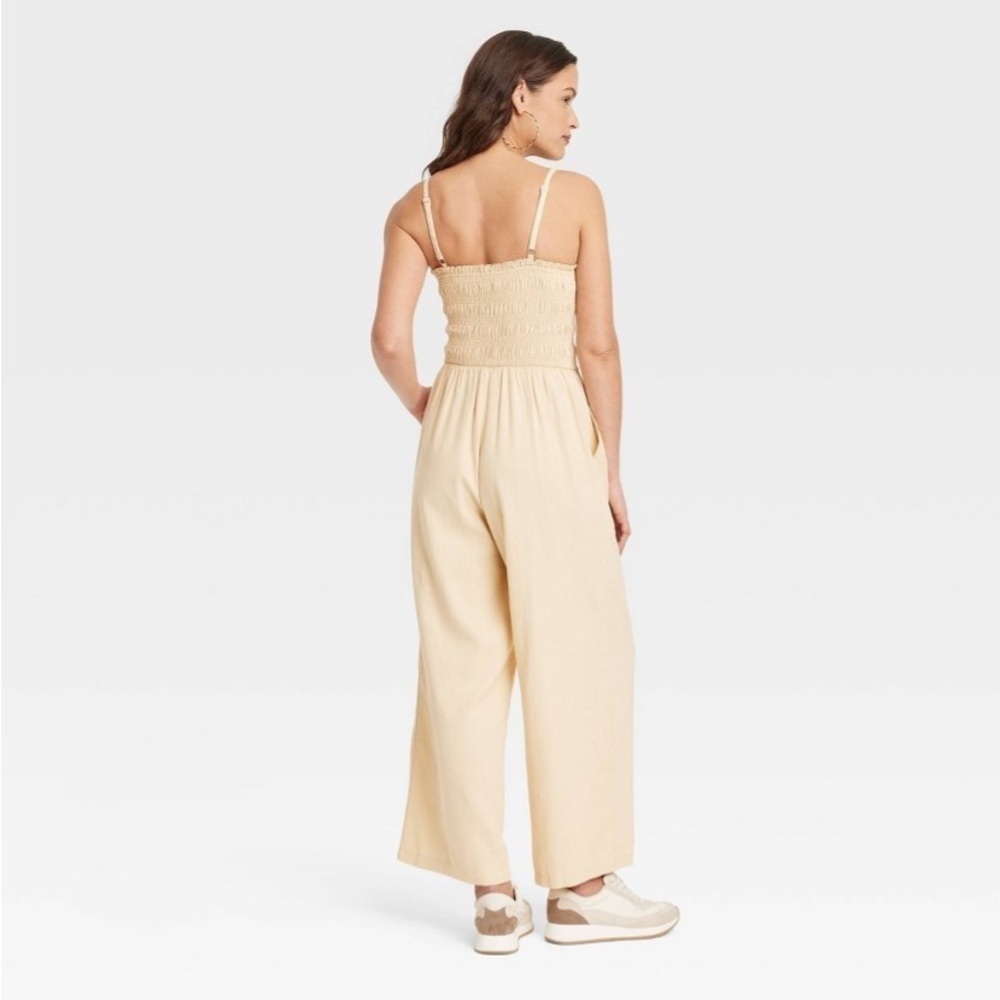 Women's Smocked Linen Maxi Jumpsuit - Universal Thread™ Tan new - Picture 3 of 5